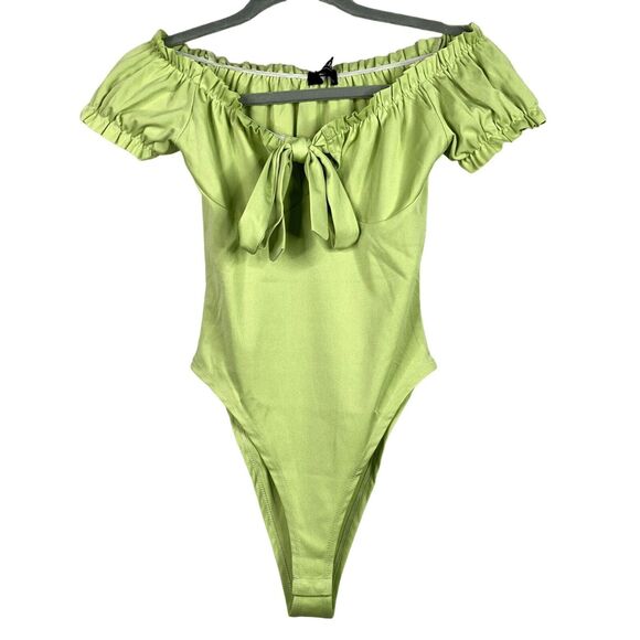 NEW Ruffled Off Shoulder Tie Key Hole Bodysuit Puff Sleeves Snap Crotch S Green - Picture 2 of 14